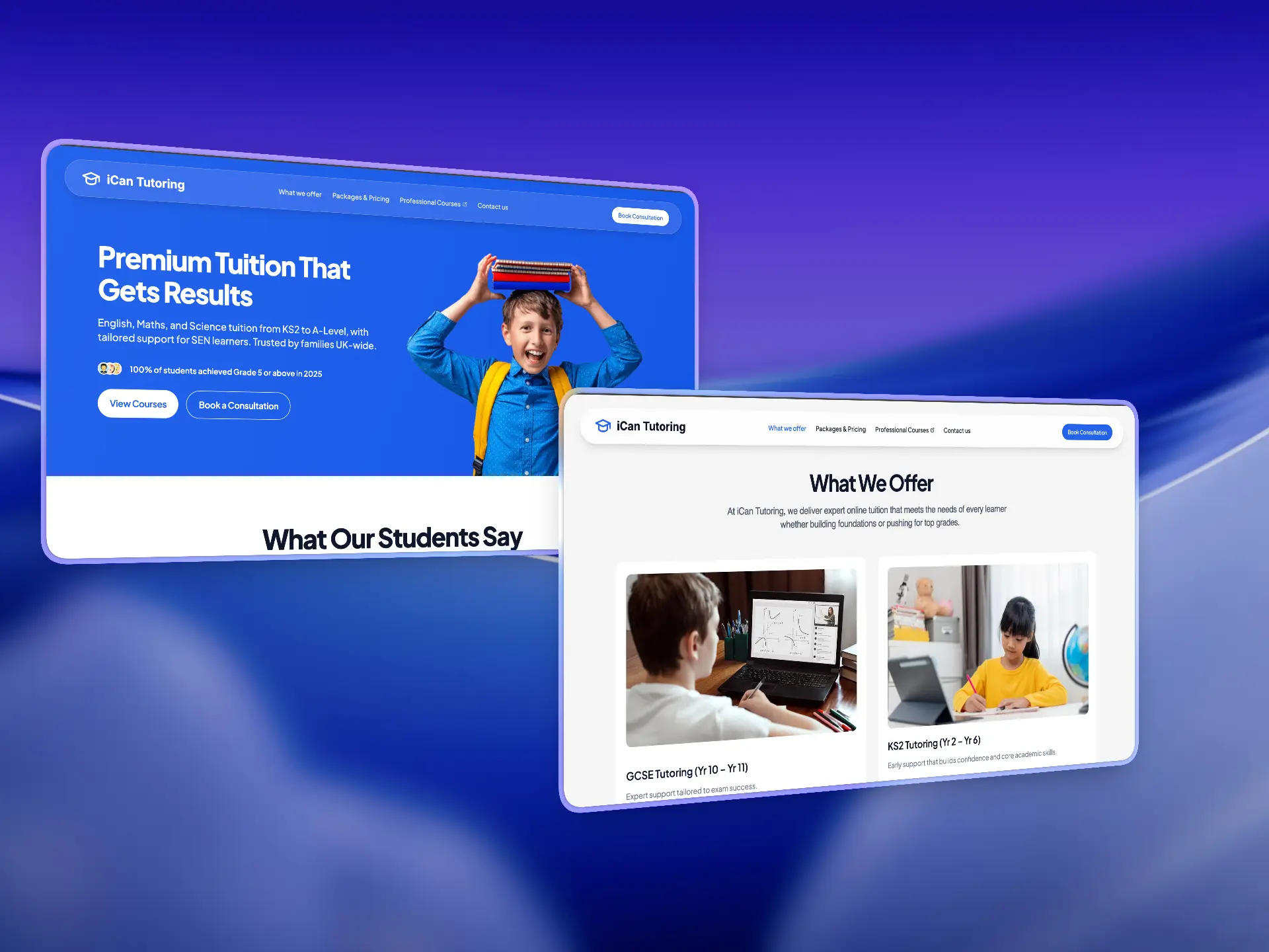 iCan Tutoring - High-trust landing page for a UK tutoring provider offering premium tuition across core subjects, designed to convert parents while clearly communicating outcomes and credibility.