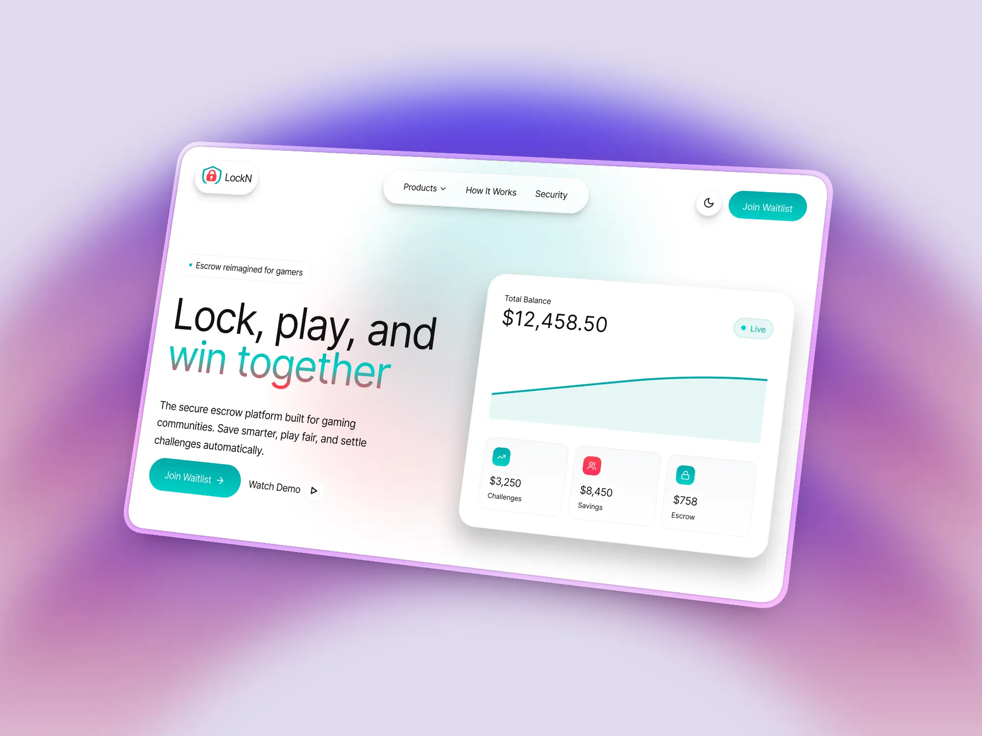 Lockn fintech landing page showing secure savings messaging and escrow protection highlights